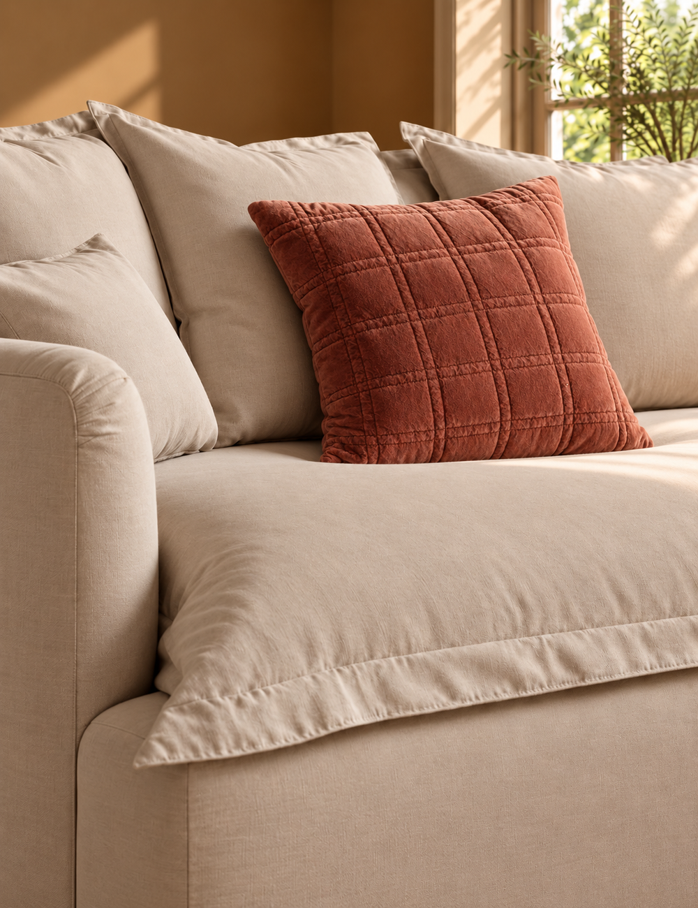 Cotton Velvet Quilted Cushion Rust