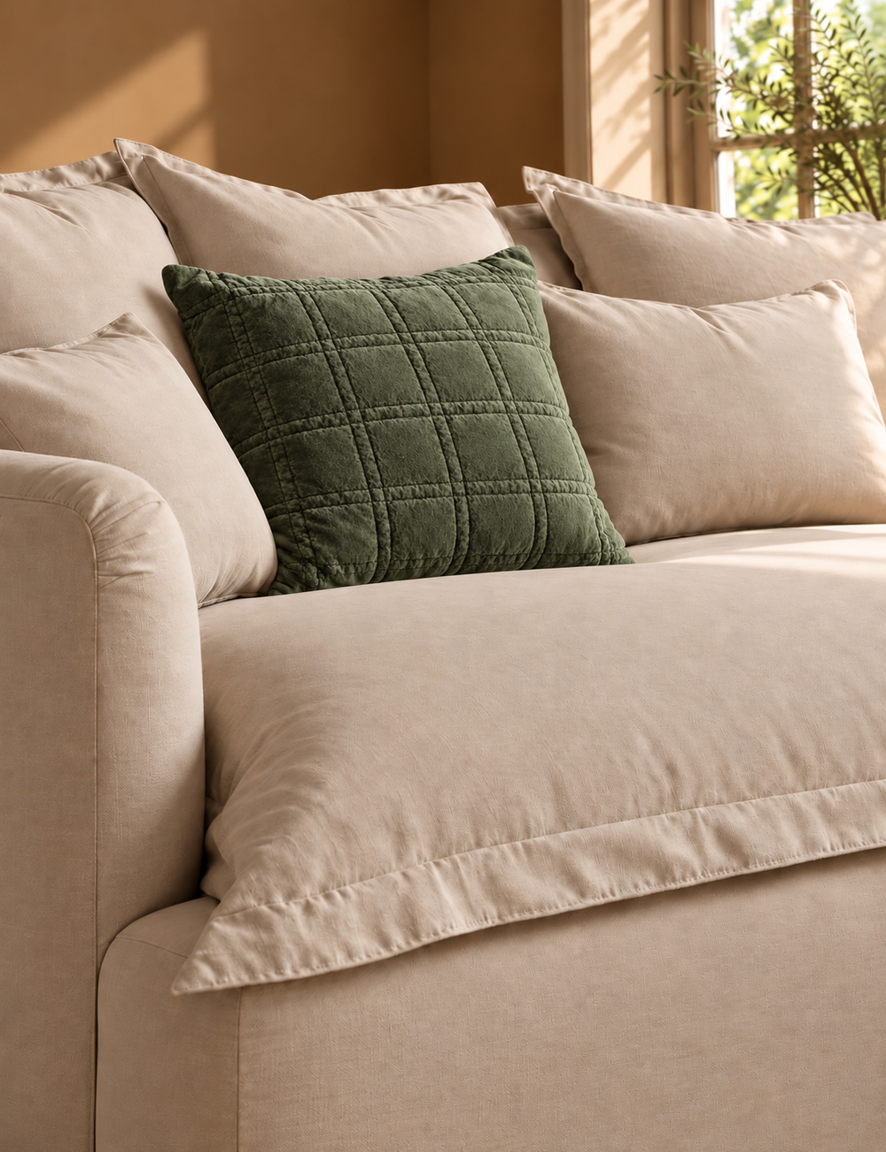 Cotton Velvet Quilted Cushion Olive