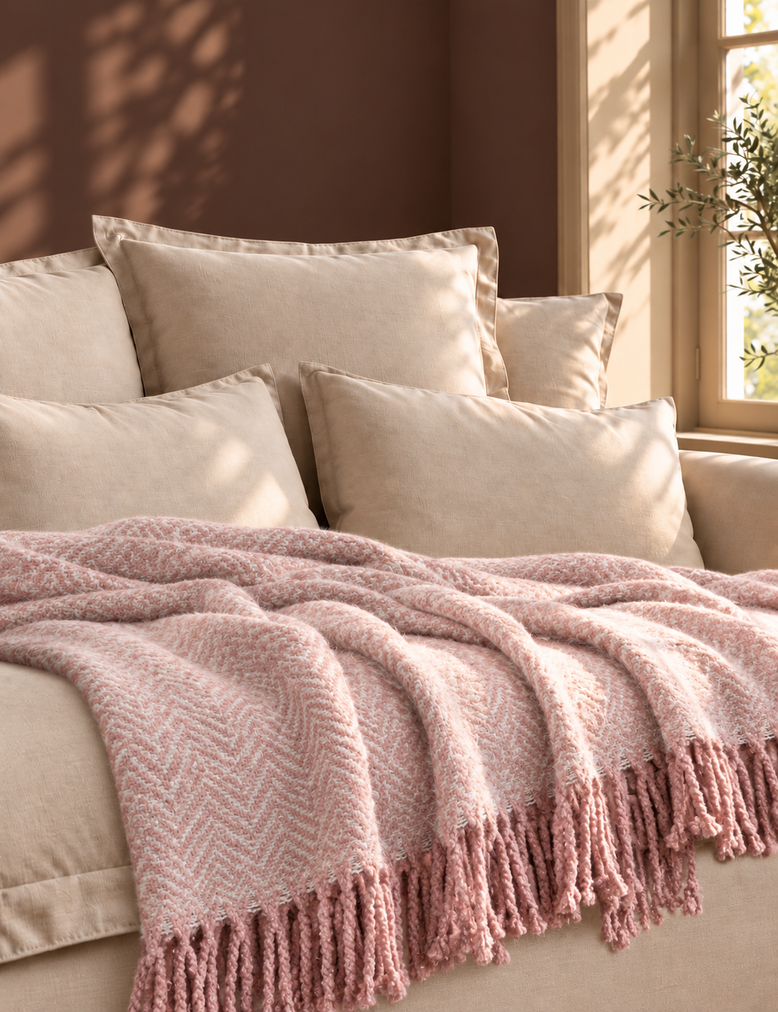 Herringbone Faux Mohair Throw Blush