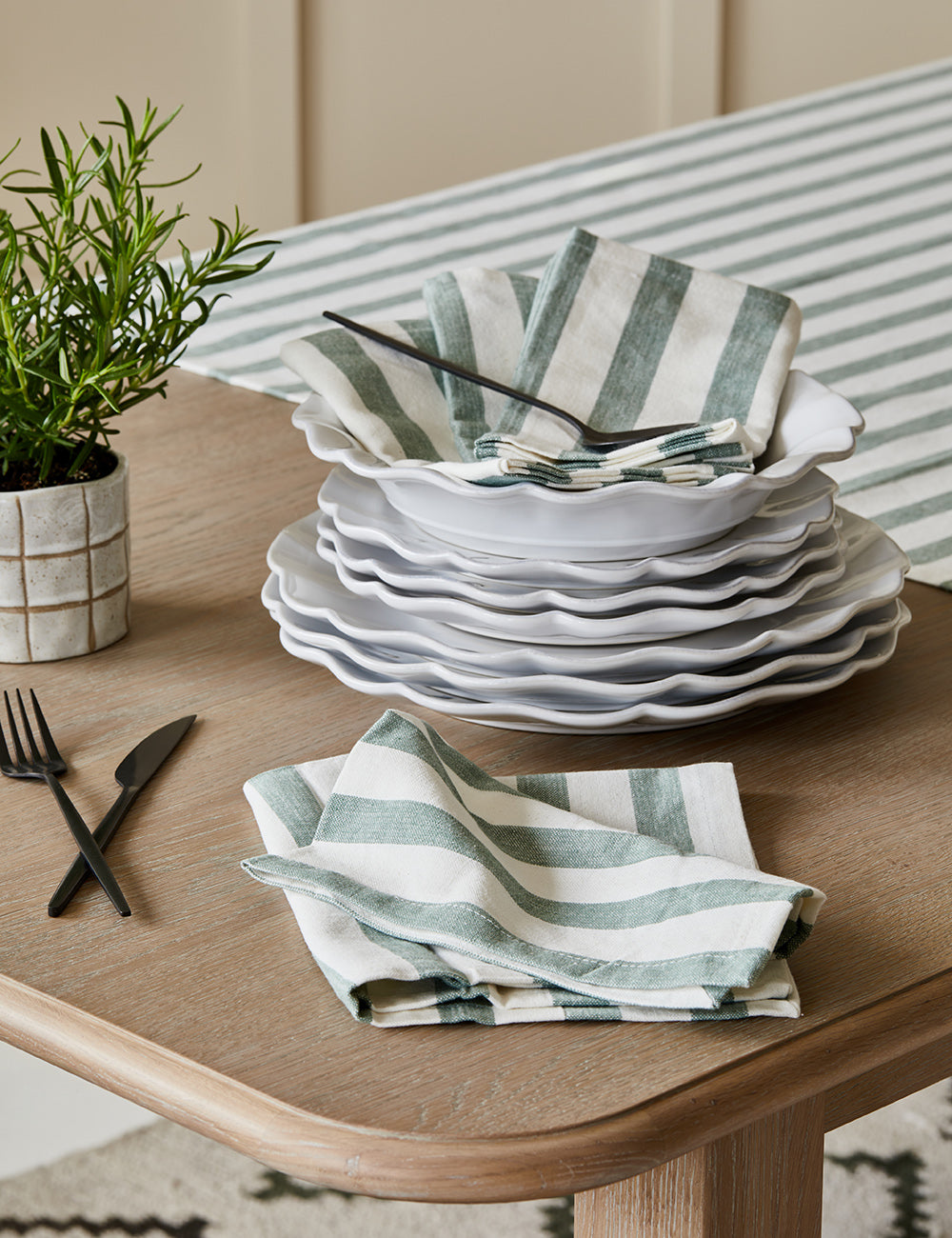 Sage Green Vintage Striped Tablecloth