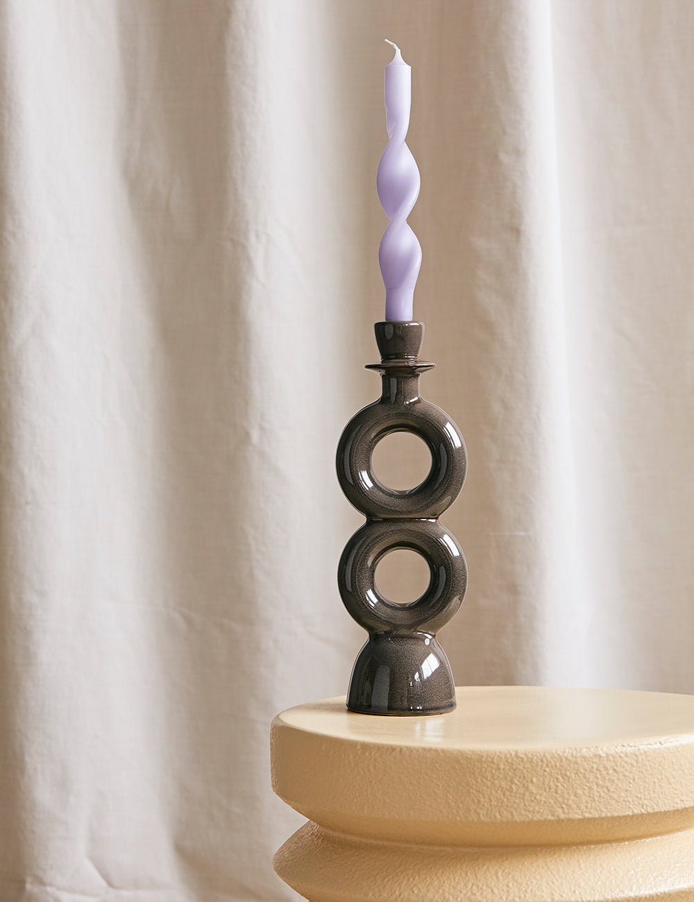 Double Circle Stoneware Candle Holder - Grey