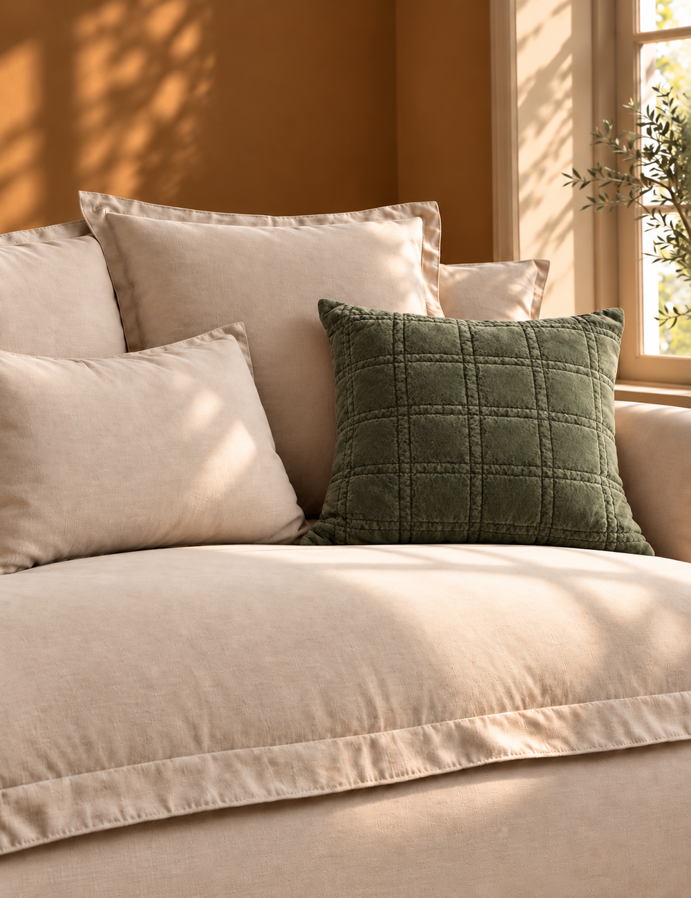 Cotton Velvet Quilted Cushion Olive