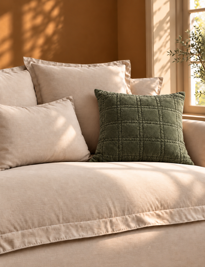 Cotton Velvet Quilted Cushion Olive