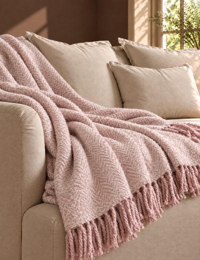 Herringbone Faux Mohair Throw Blush