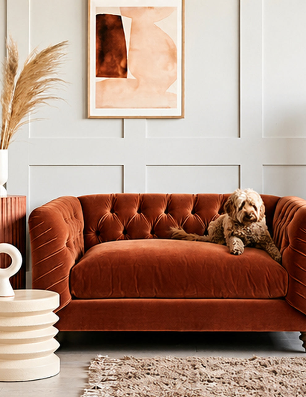 Hugo Chesterfield Love Seat in Cotton Velvet Rust