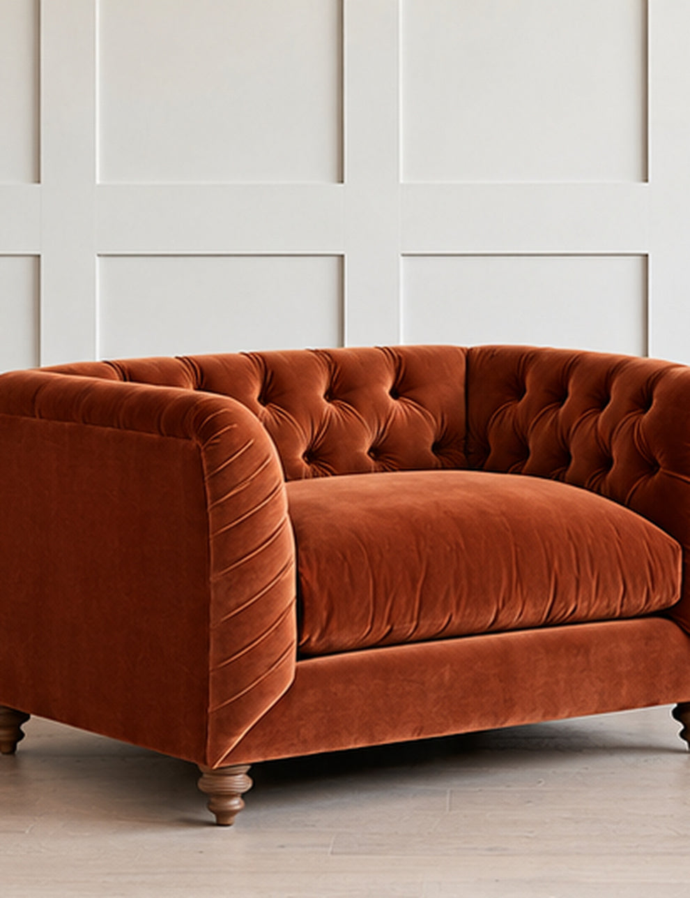 Hugo Chesterfield Love Seat in Cotton Velvet Rust
