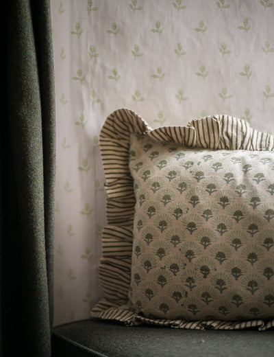 Fanflower Block Print Cushion in Forest