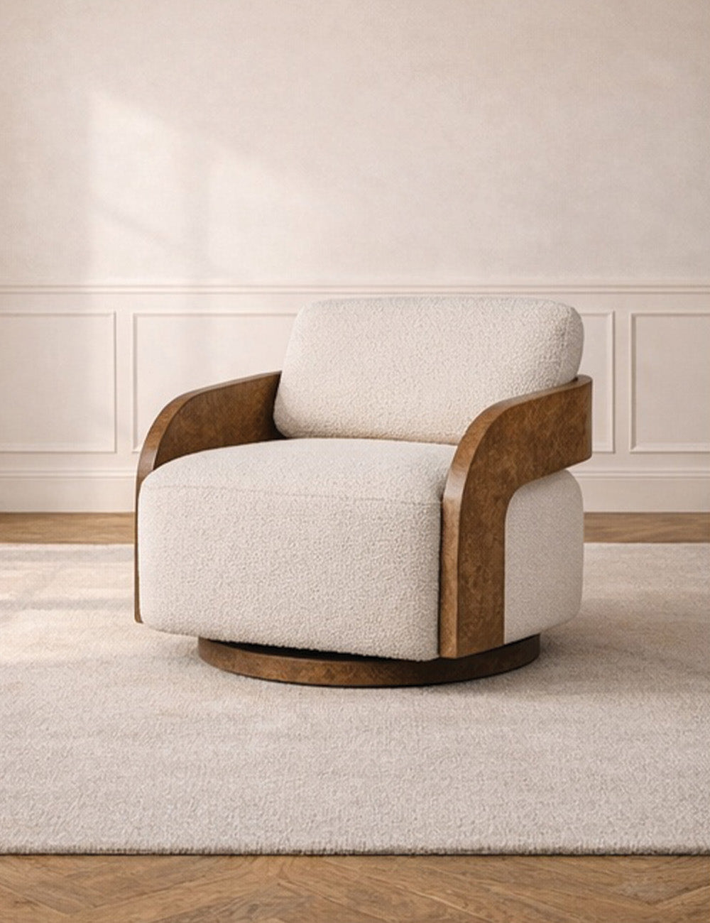 Harper Burl Swivel Chair in Cream Bouclé