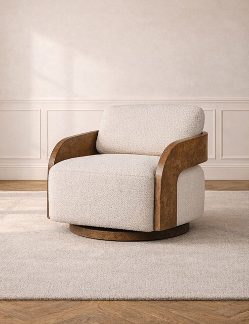 Harper Burl Swivel Chair in Cream Bouclé