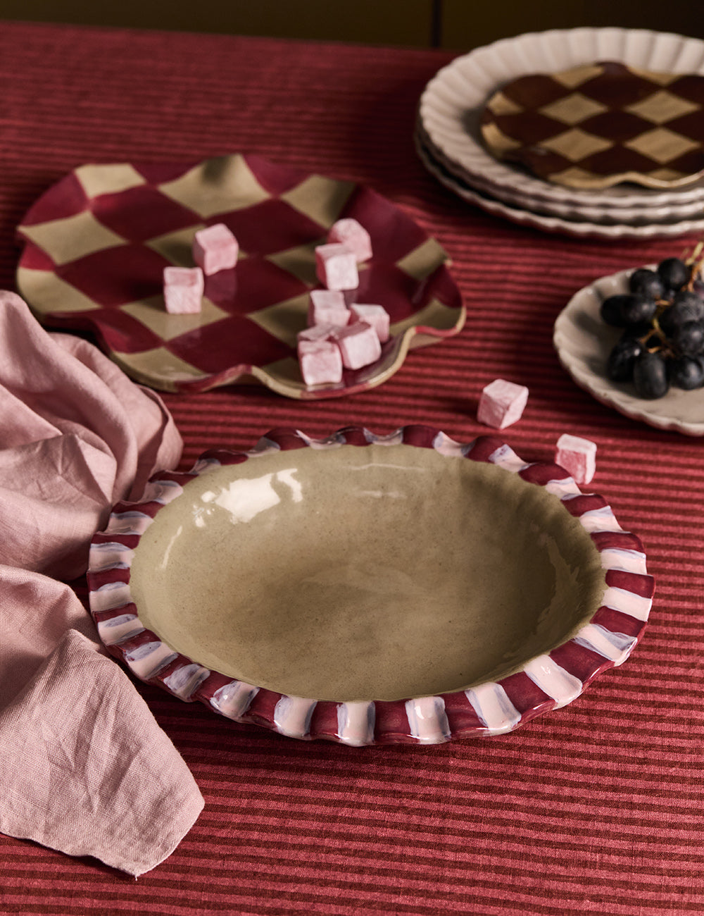 Baby Pink & Burgundy Frill Serving Bowl
