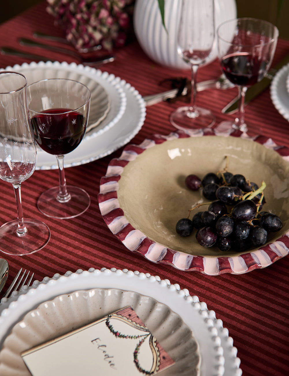 Baby Pink & Burgundy Frill Serving Bowl