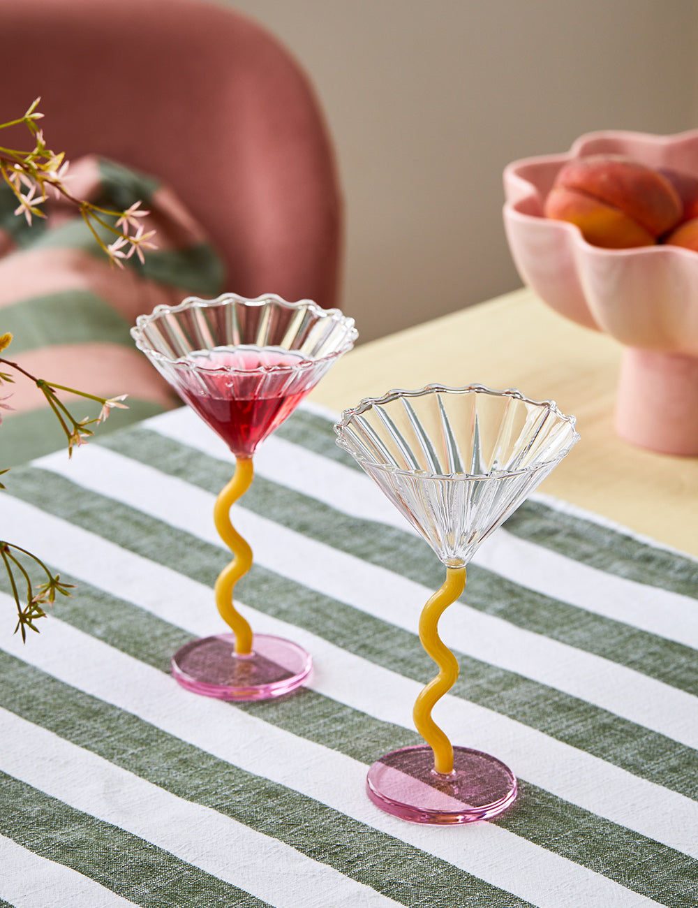 Set of 2 Lilac Yellow Curly Martini Glasses Rose Grey Rose and Grey