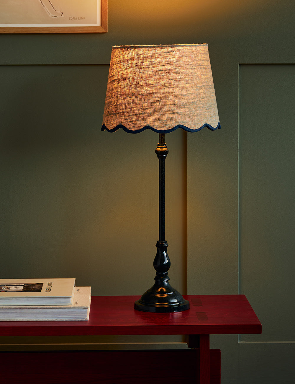 Slim Table Lamp with Blue Scalloped Shade