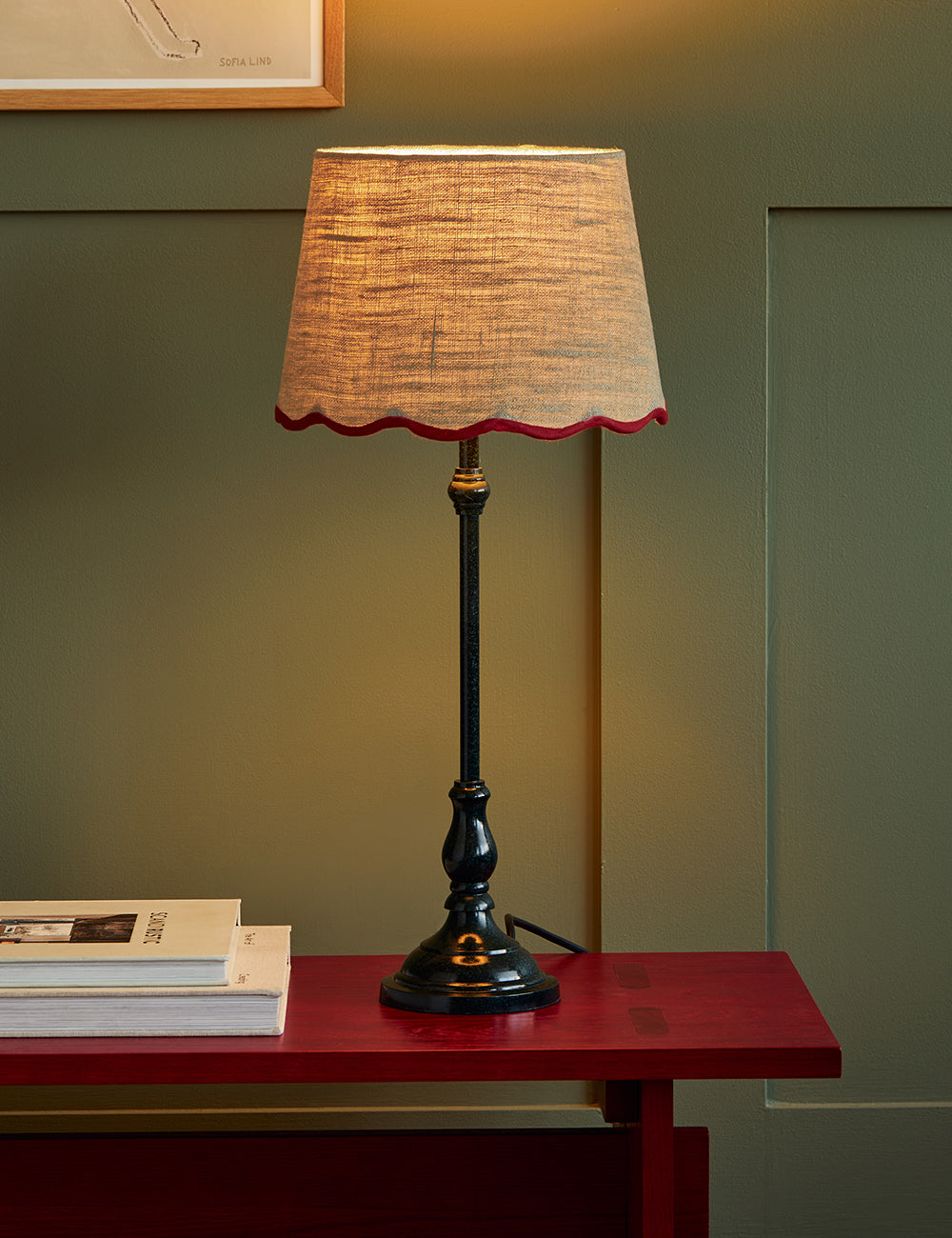 Slim Table Lamp with Red Scalloped Shade