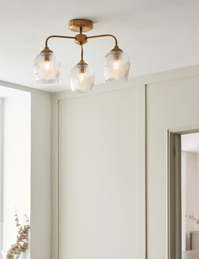 Fitzroy Ribbed 3 Ceiling Light Brushed Aged Brass