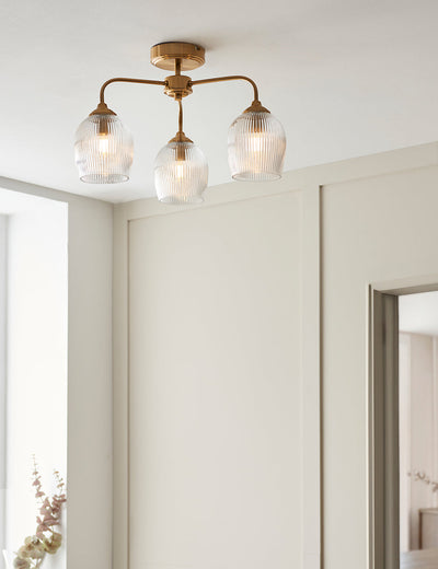 Fitzroy Ribbed 3 Ceiling Light Brushed Aged Brass
