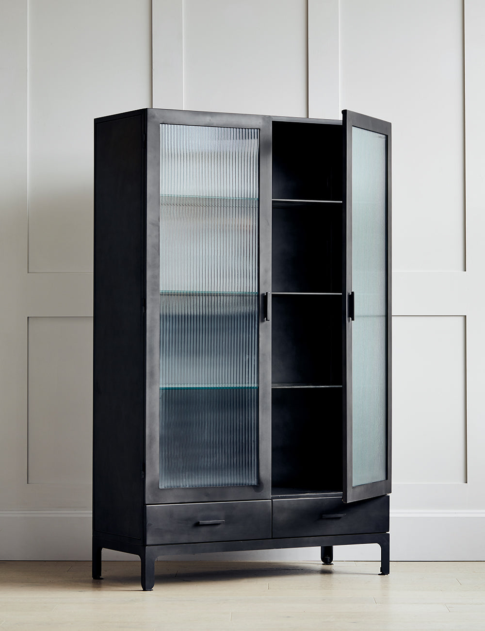 Black Fluted Glass Double Display Cabinet