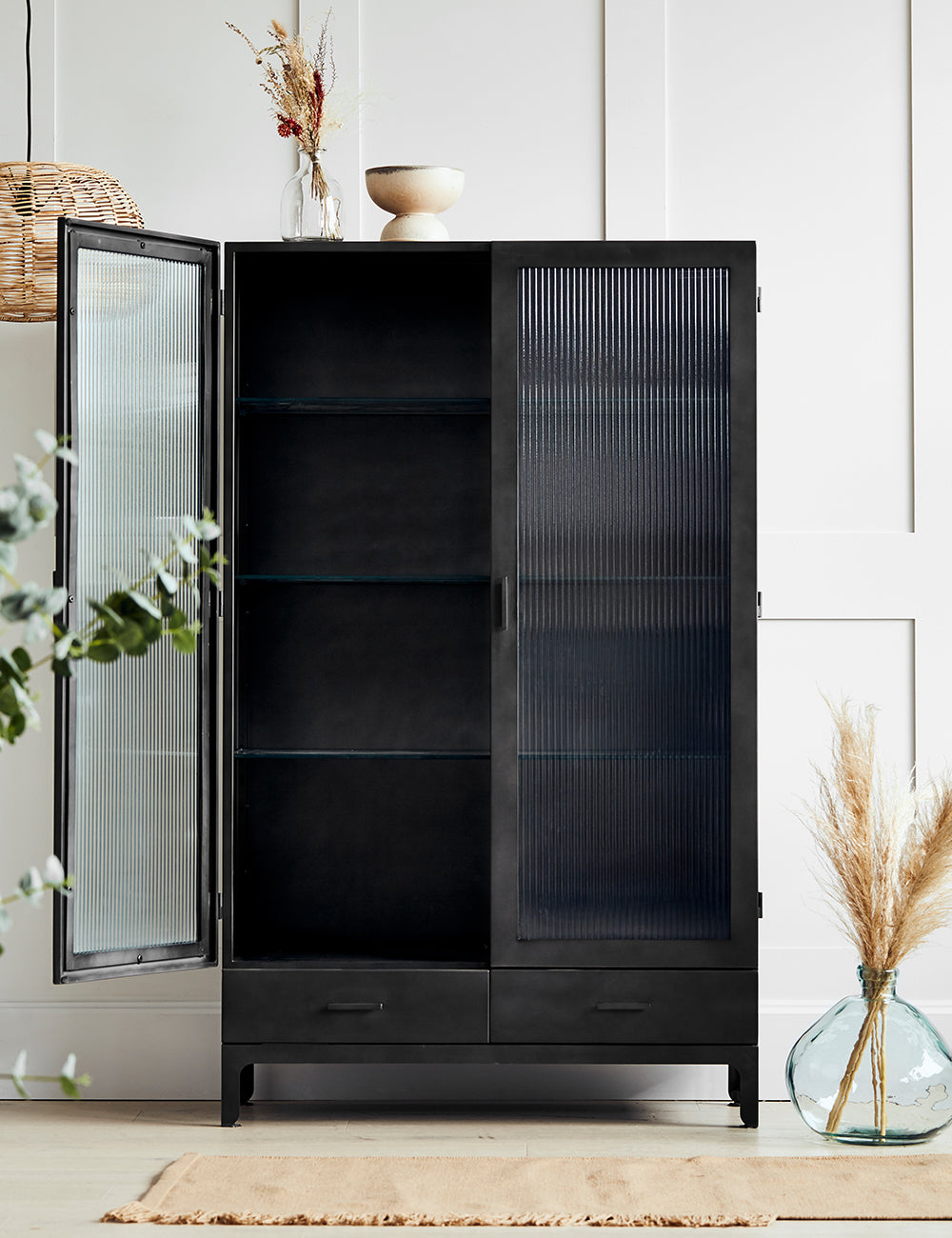 Black Fluted Glass Double Display Cabinet