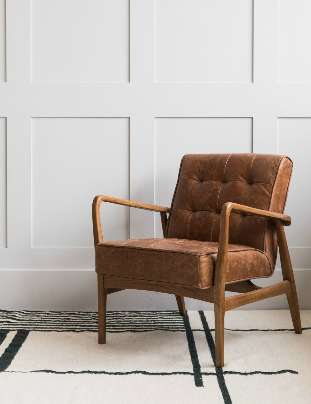 Mid-Century Button-and-Stud Brown Leather Armchair