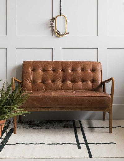 Mid-Century Button-and-Stud Brown Leather Two Seater