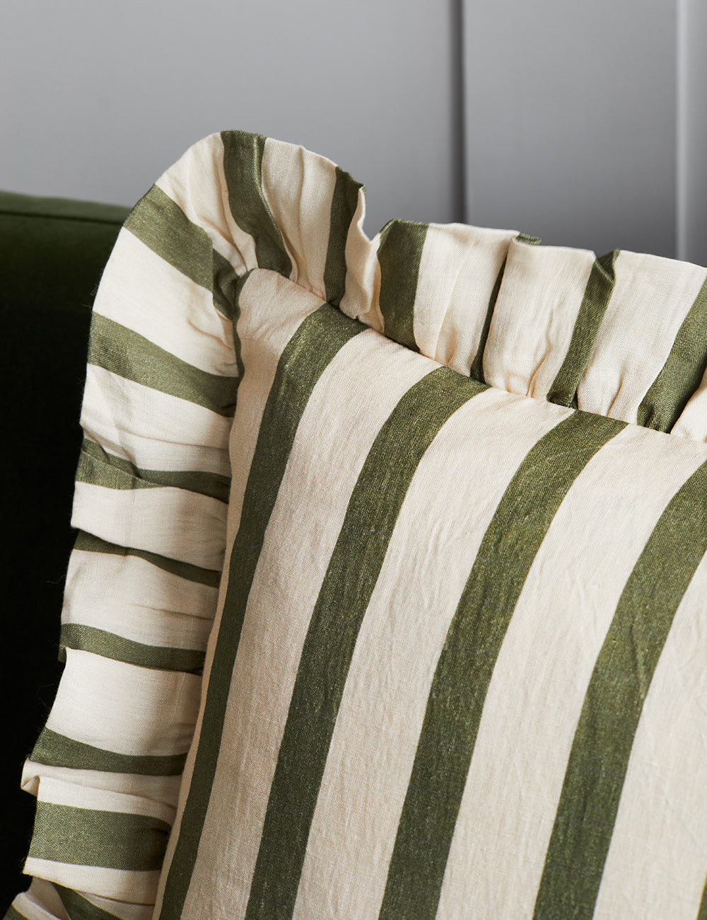 Amuse La Bouche Olive Green Candy Stripe Ruffle Cushion With Inner 