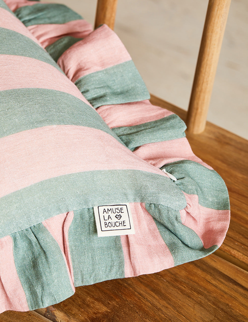Amuse La Bouche Sage & Blush Ruffle Striped Cushion