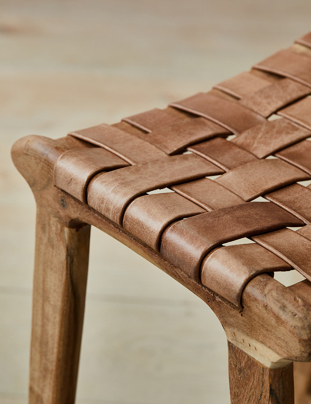 Artisan Woven Leather Seat Counter Stool 