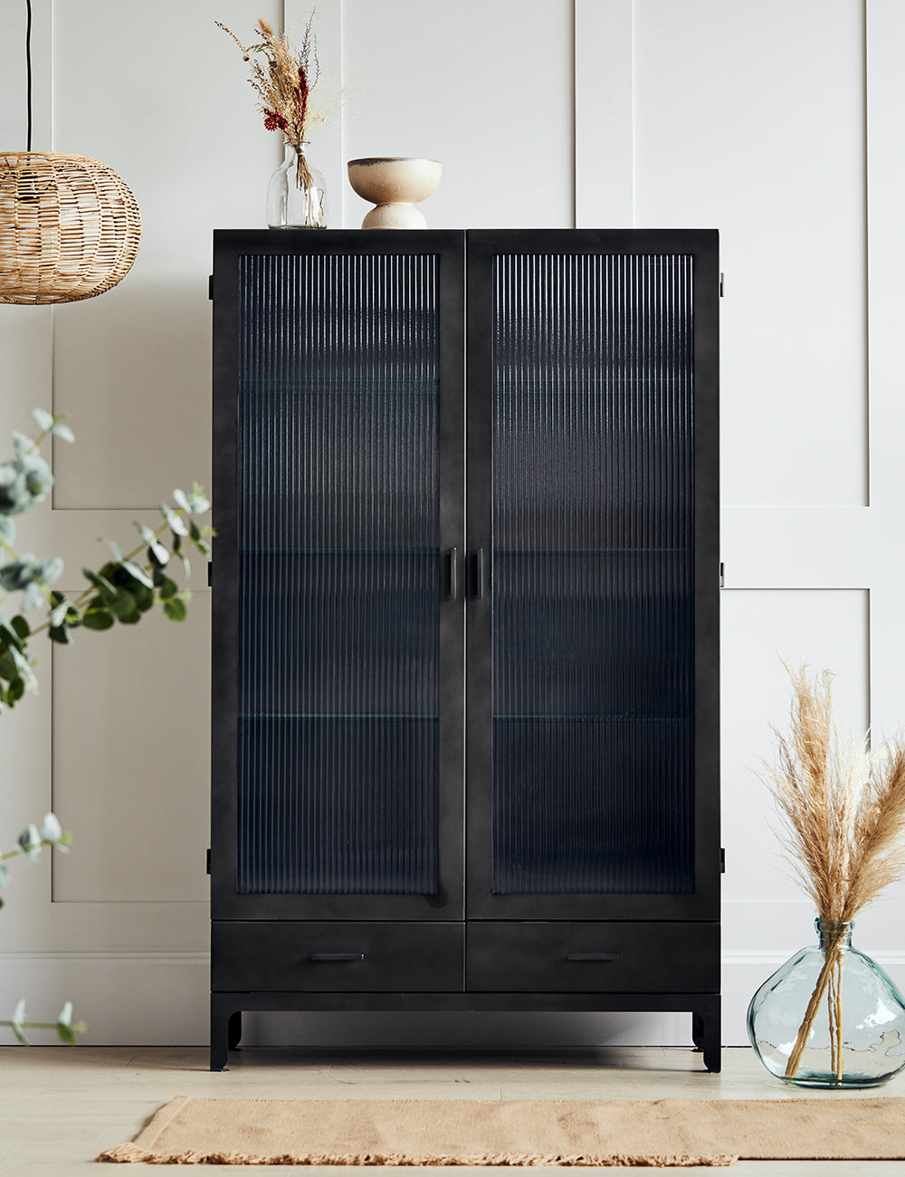 Black metal cabinet with glass hot sale doors