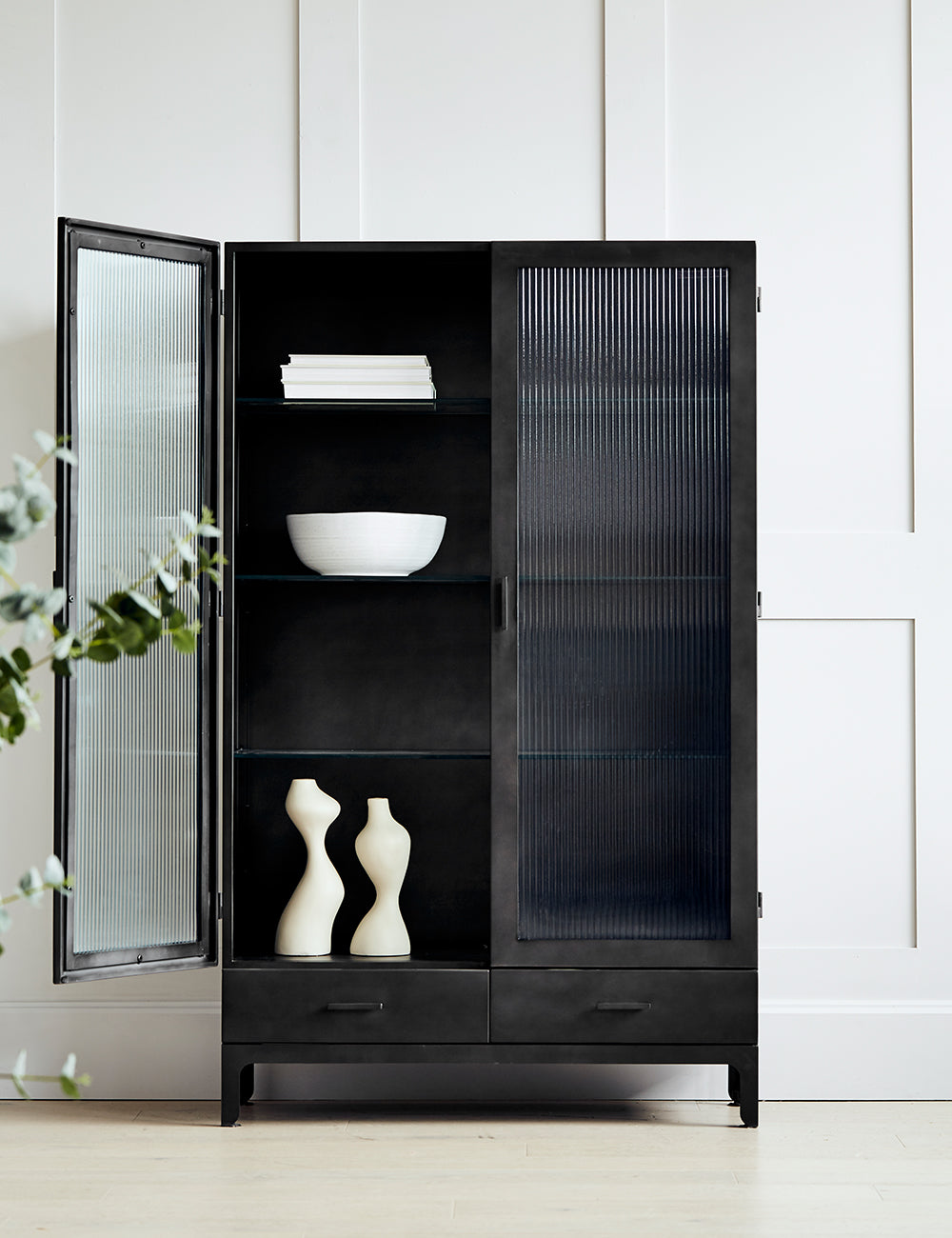Black Fluted Glass Double Display Cabinet