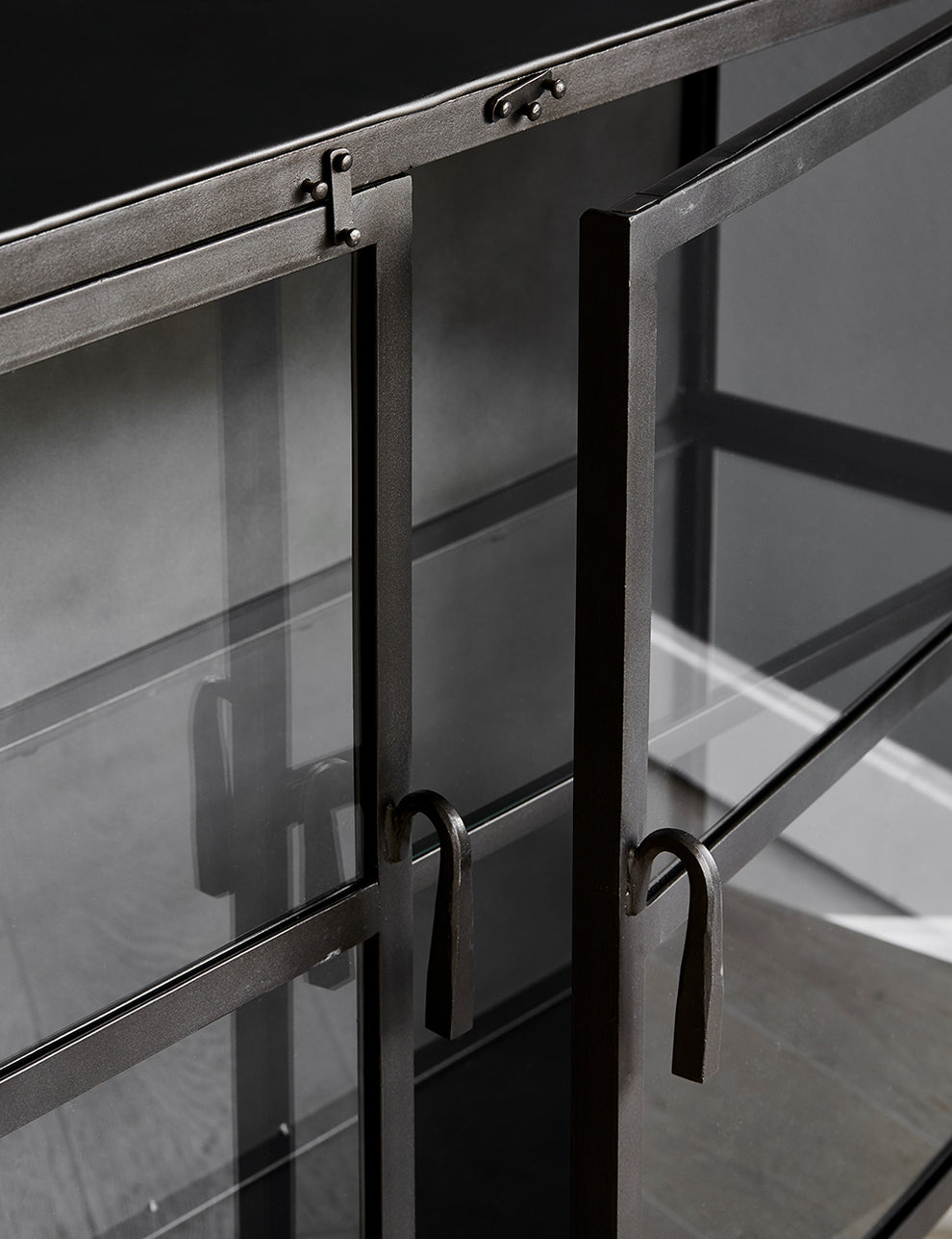 Charcoal Iron and Glass Display Cabinet detail