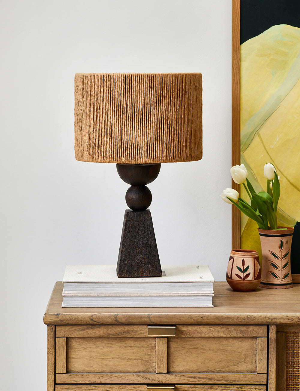 Dark Geometric Wooden Table Lamp With Wicker Lampshade