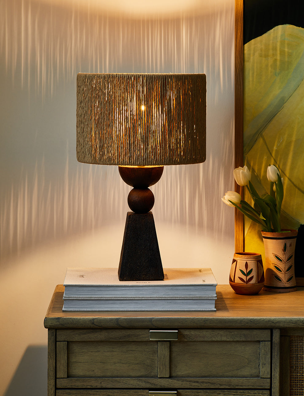 Dark Geometric Wooden Table Lamp With Wicker Lampshade
