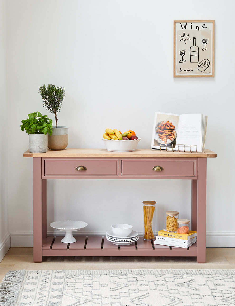 Dusky Pink Oak Console Table with Drawers