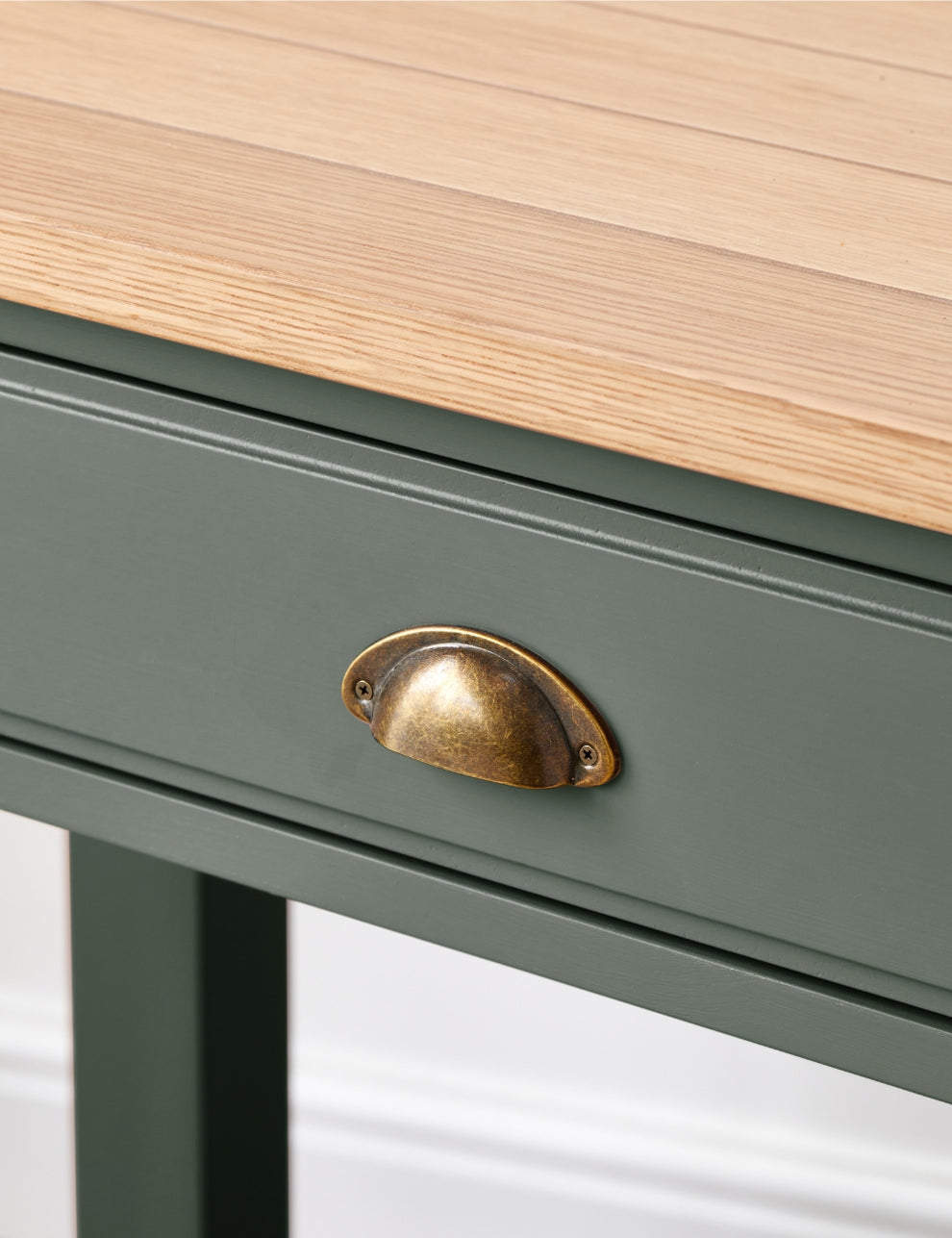 Earthy Green Oak Console Table with Drawers