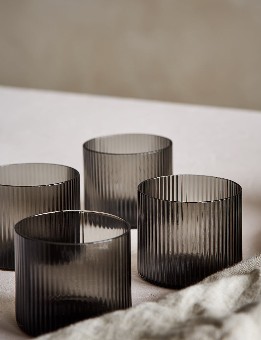 Ferm Living Set of Four Low Ripple Glasses - Smoked Grey