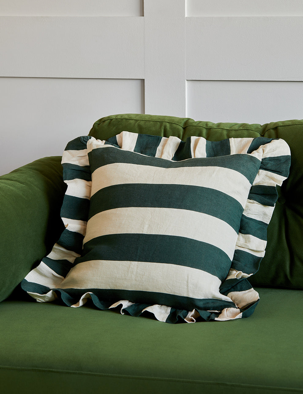 Amuse La Bouche Forest Green & Ivory  Ruffle Striped Cushion