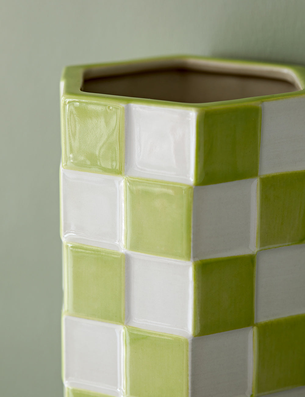 Green Chequerboard Hexagon Vase close up