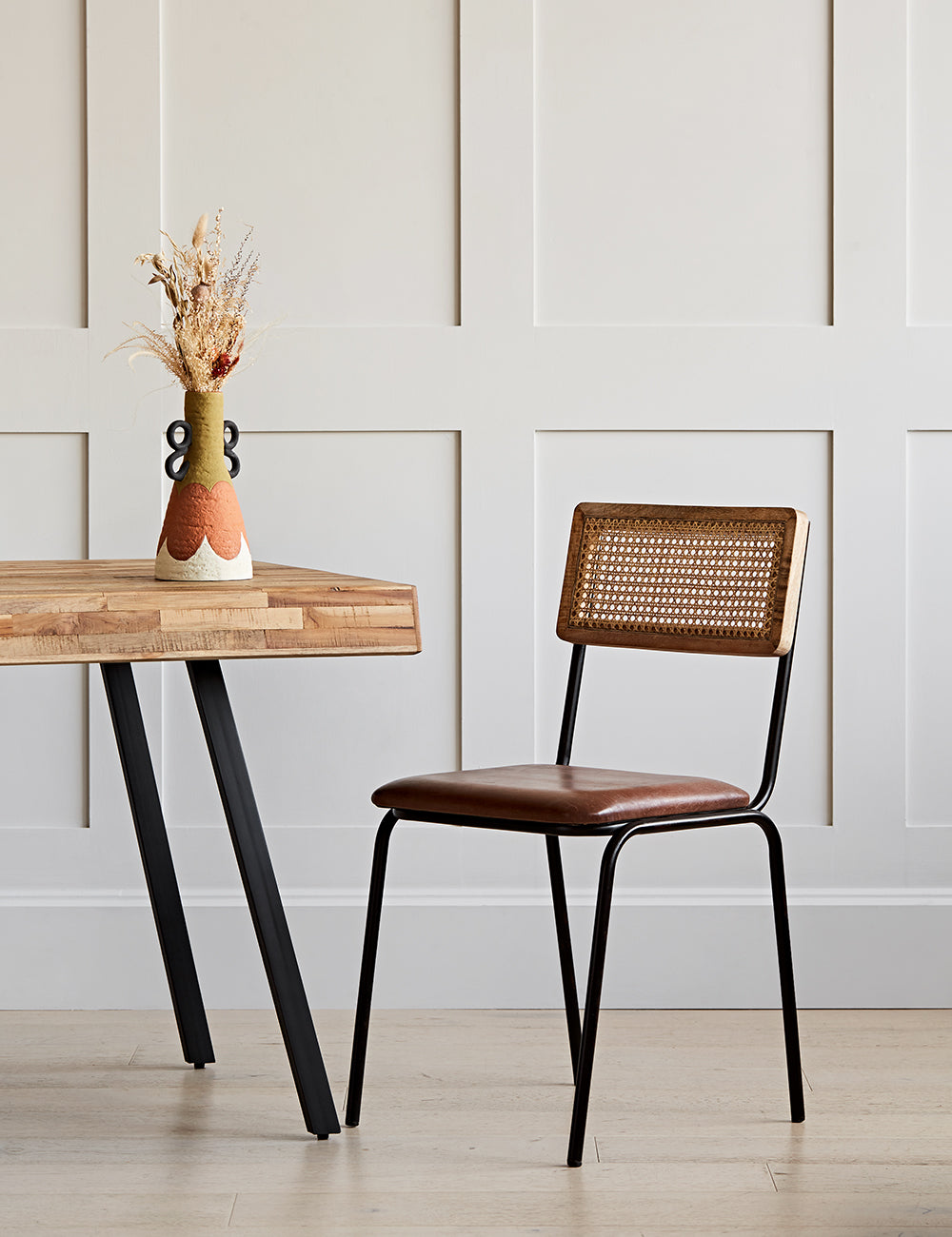 Iswa Leather & Rattan Dining Chair Rose and Grey