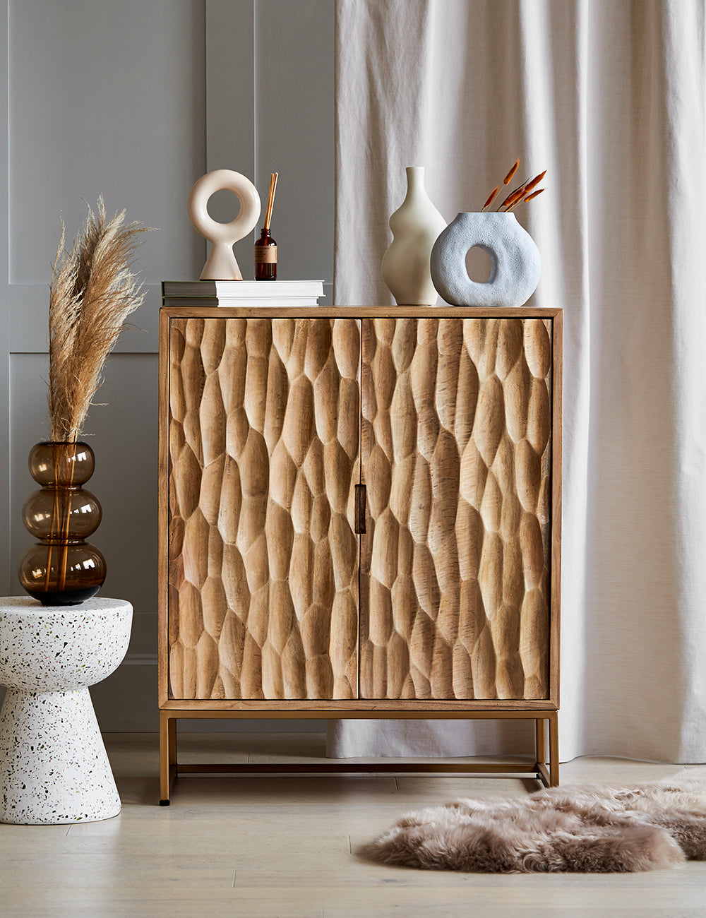 Mango Wood and Brass Textured Cabinet