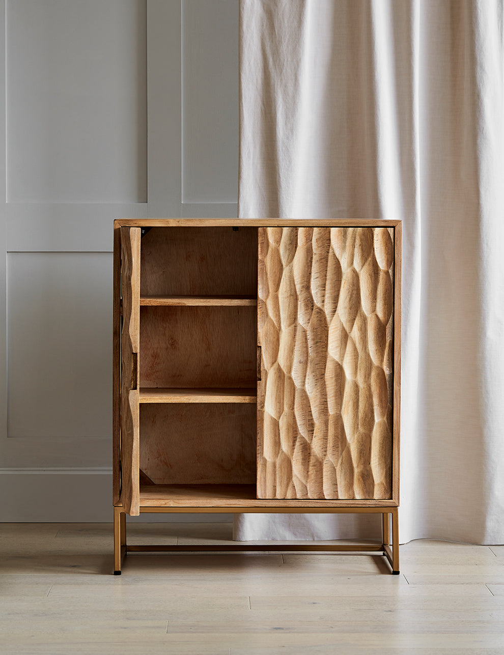 Mango Wood and Brass Textured Cabinet open