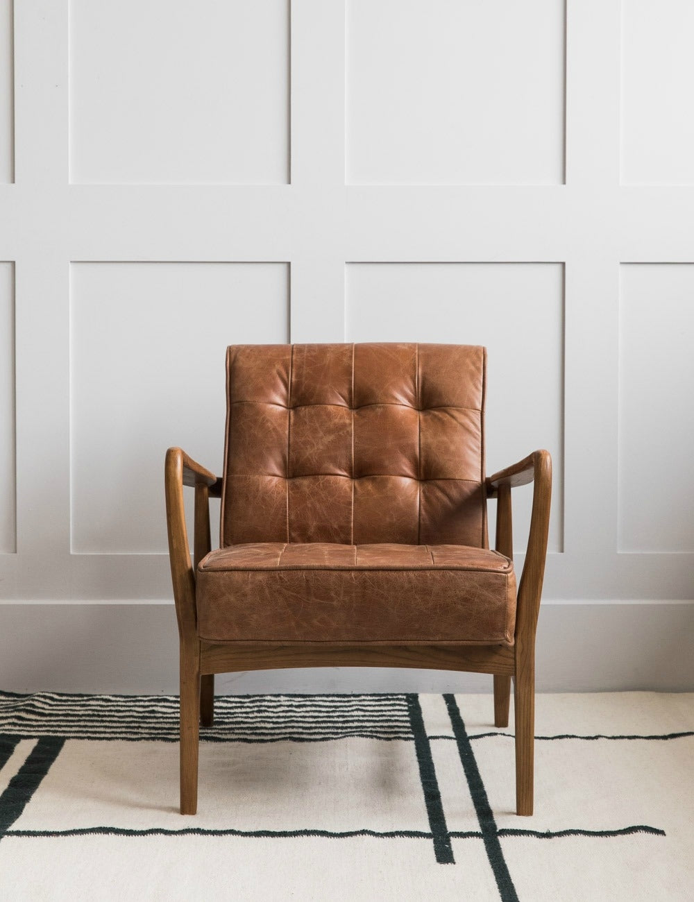 Mid Century Button and Stud Brown Leather Armchair Rose and Grey
