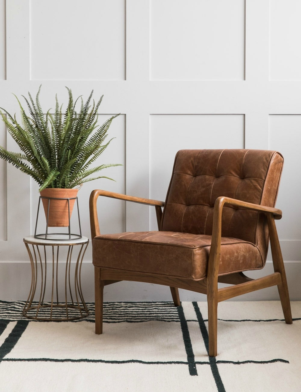 Mid-Century Button-and-Stud Brown Leather Armchair