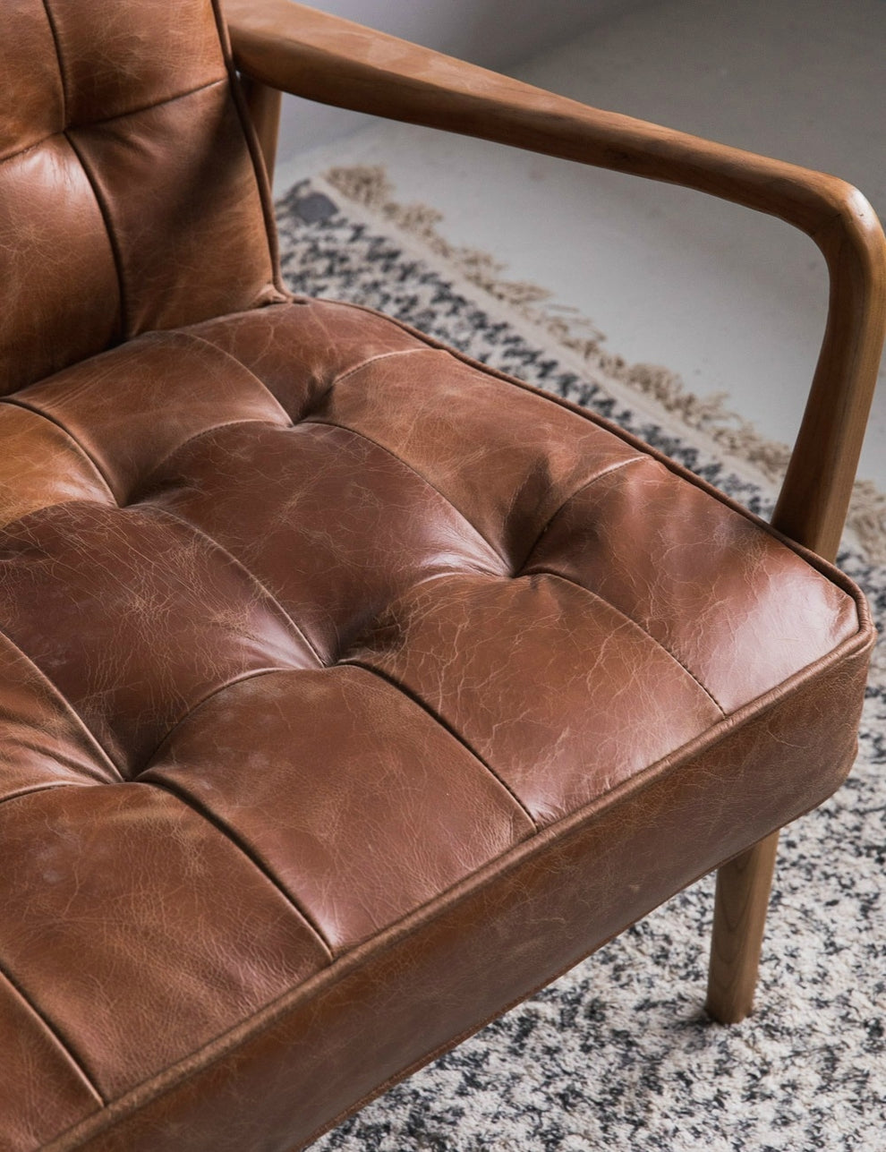 Mid-Century Button-and-Stud Brown Leather Two Seater
