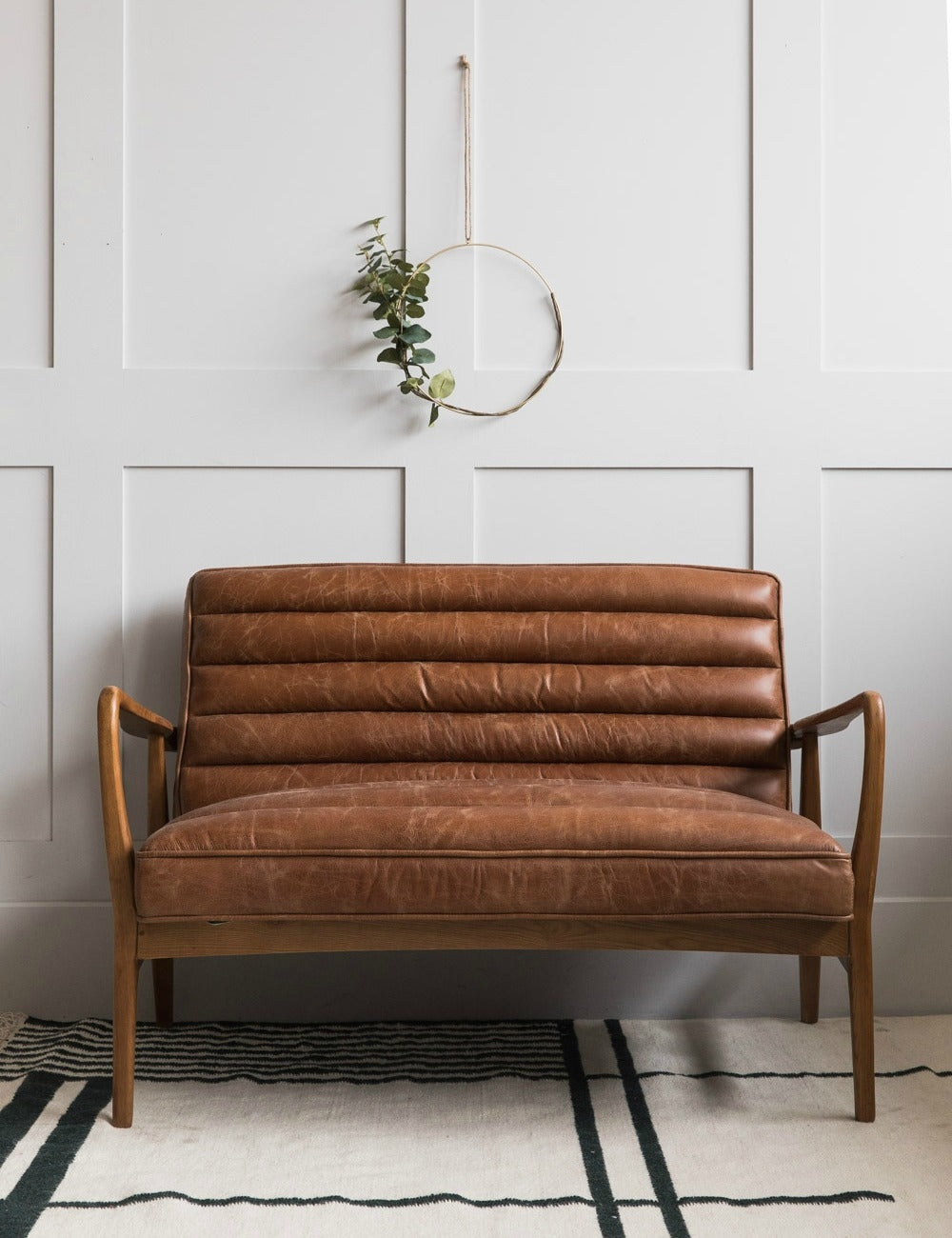 Mid Century Leather Two Seater Rose and Grey