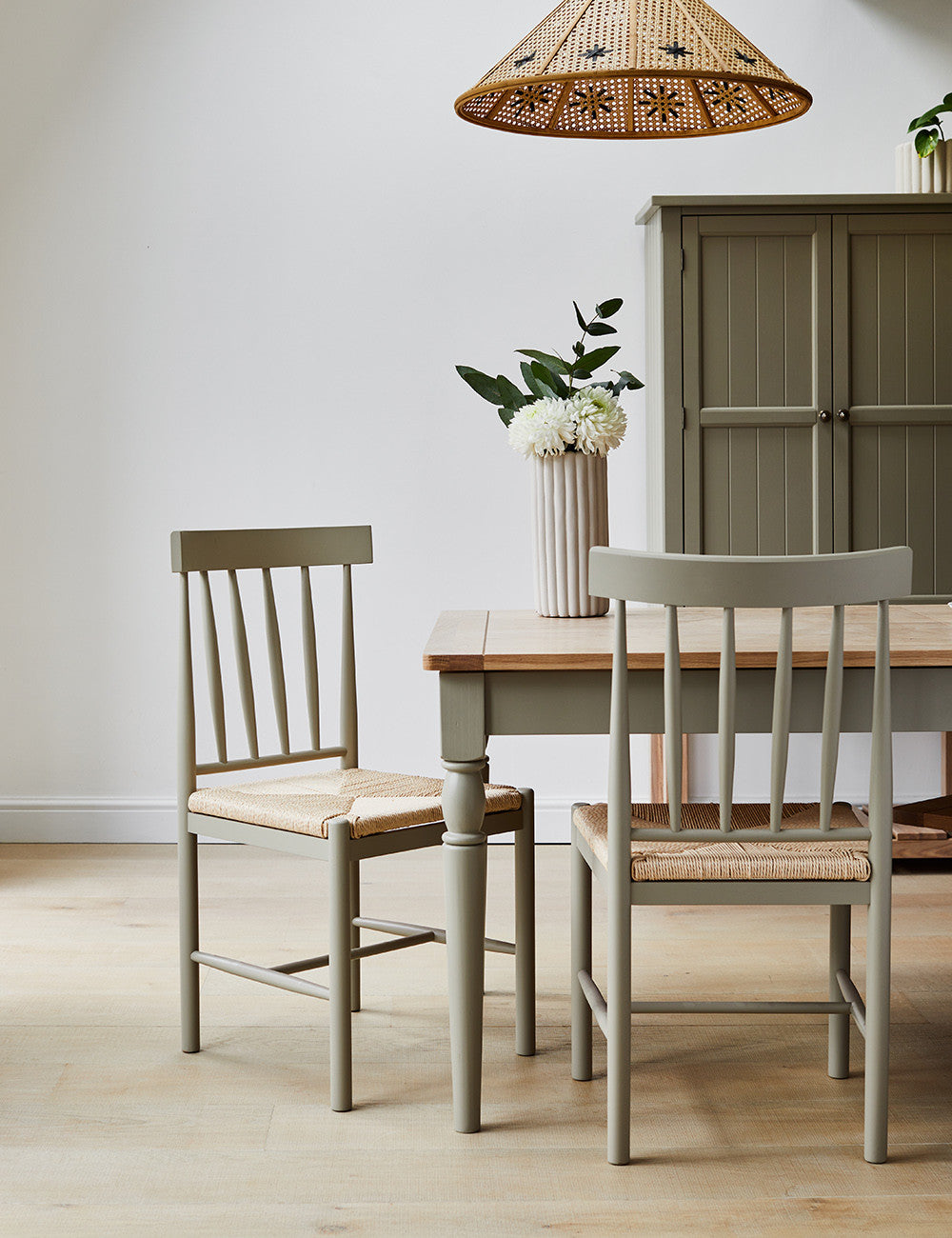 Set of 2 French Grey Wooden Dining Chairs with Woven Rope Seat Detail