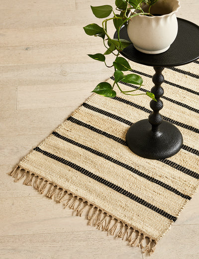 Small Black and Natural Striped Tassel Rug