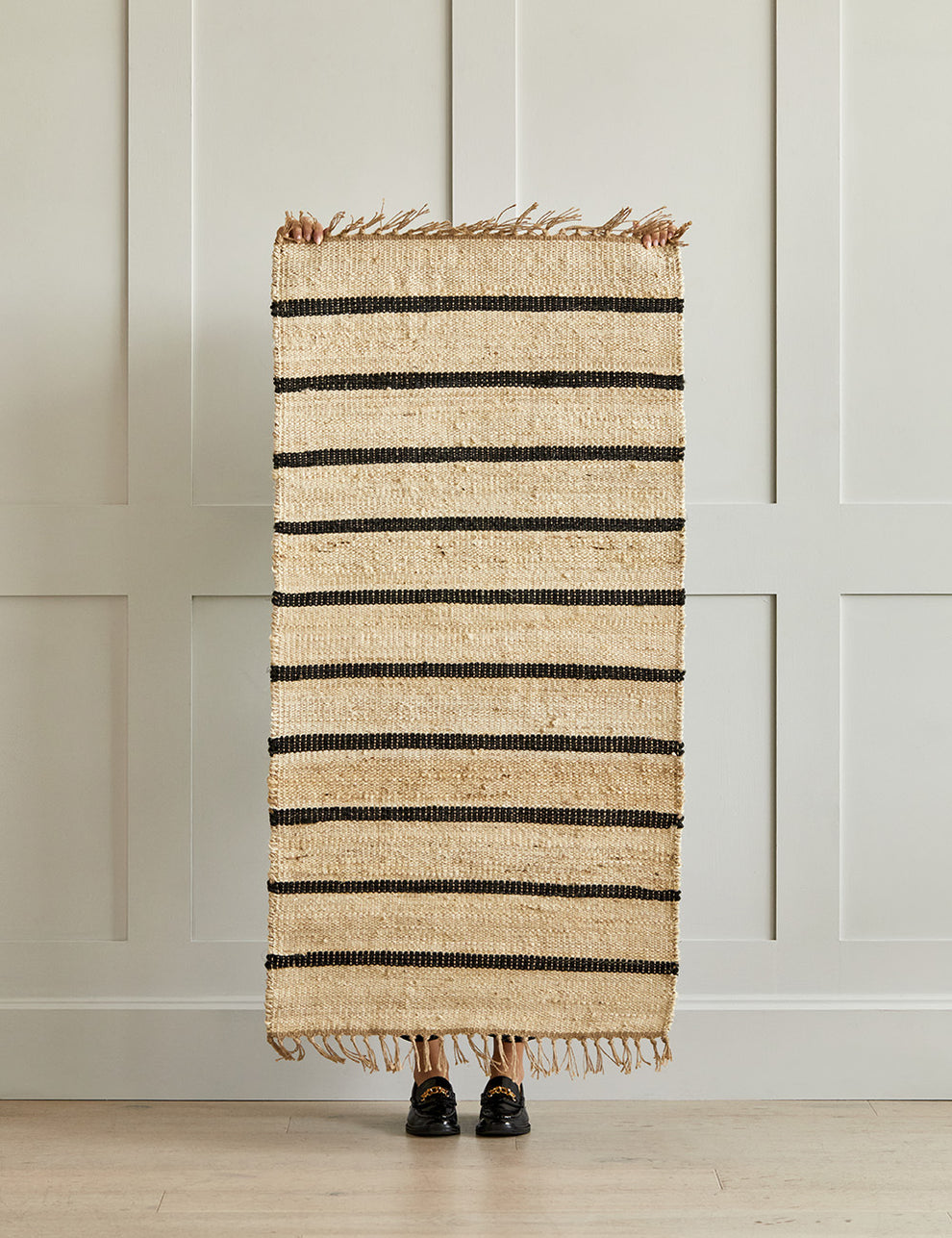 Small Black and Natural Striped Tassel Rug