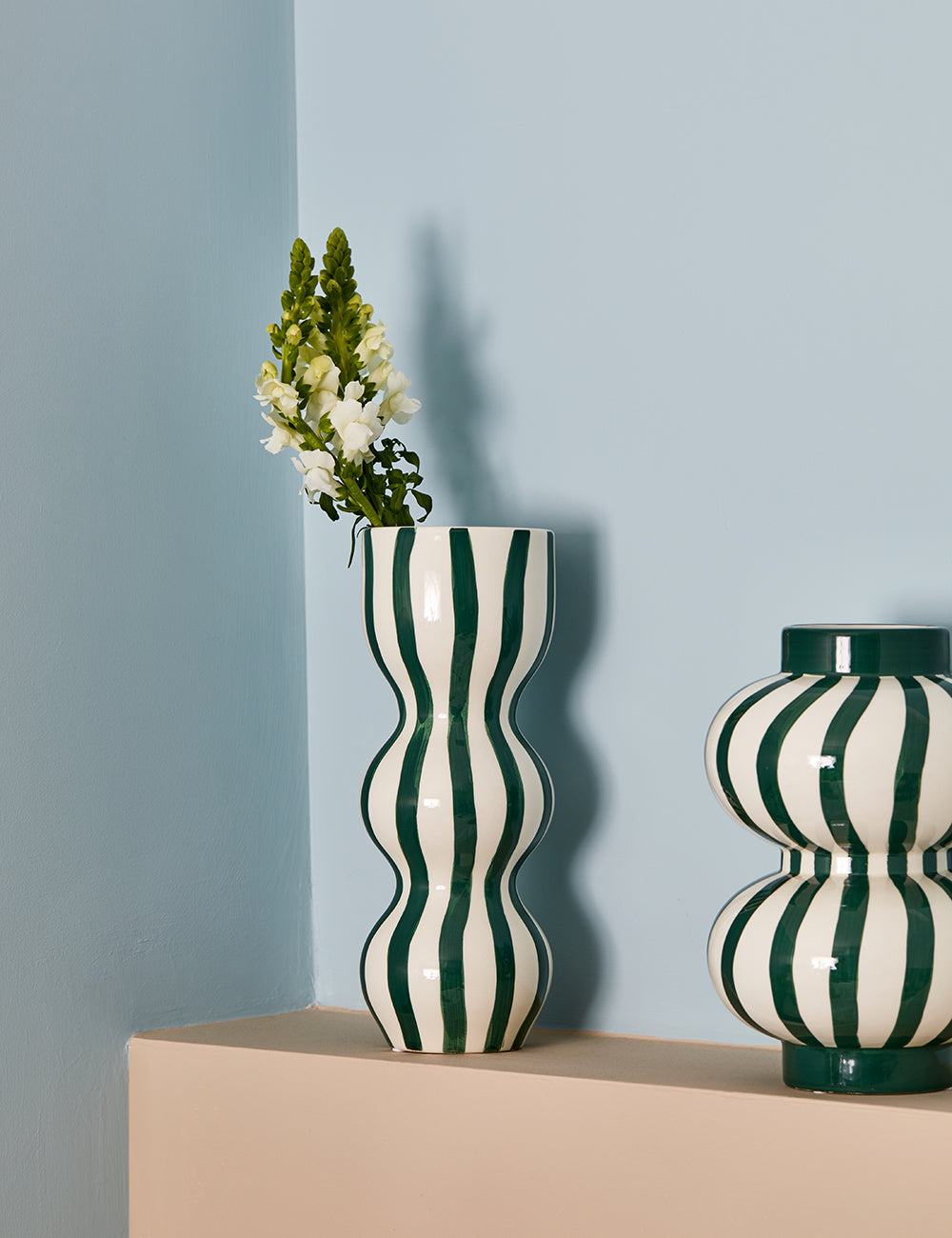 Tall White & Green Stripe Bubble Vase 