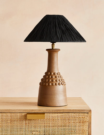 Tan Bobbled Terracotta Table Lamp with Black Raffia Shade

