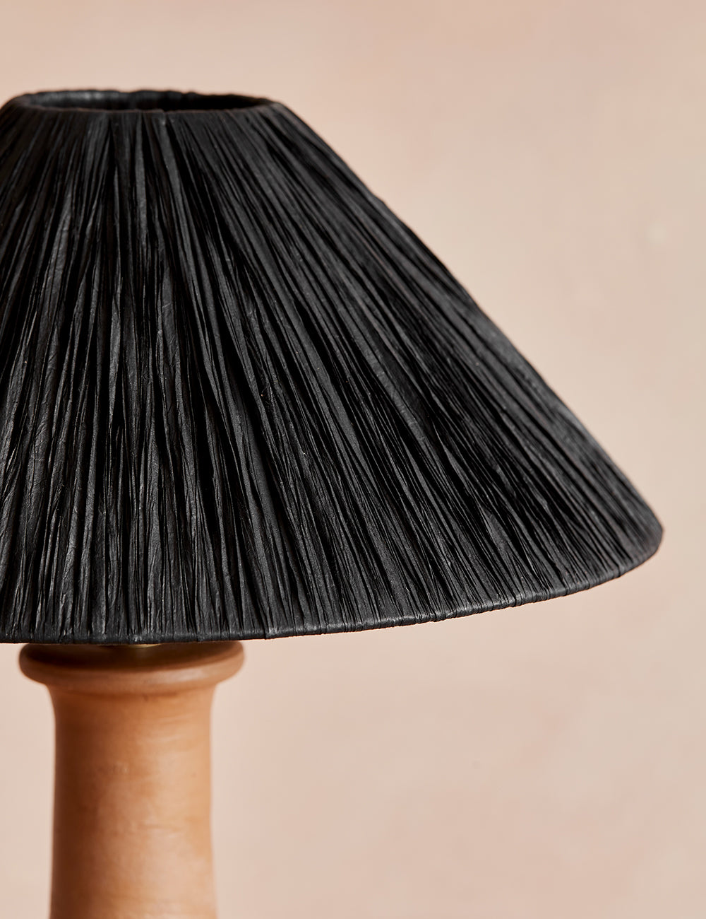 Tan Bobbled Terracotta Table Lamp with Black Raffia Shade
